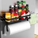 ZUNTO Magnetic Paper Towel Holder for Fridge, Black Kitchen Organizer with Towel Roll Holder, Spice Shelf and 2 Hanging Racks(No Drilling) (Black/Magent-1)