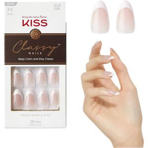 KISS Classy, Press On Nails, Nail glue included, 'Dashing', Light White, Medium Size, Almond Shape, Includes 28 Nails, 2g glue, 1 Manicure Stick, 1 Mini File