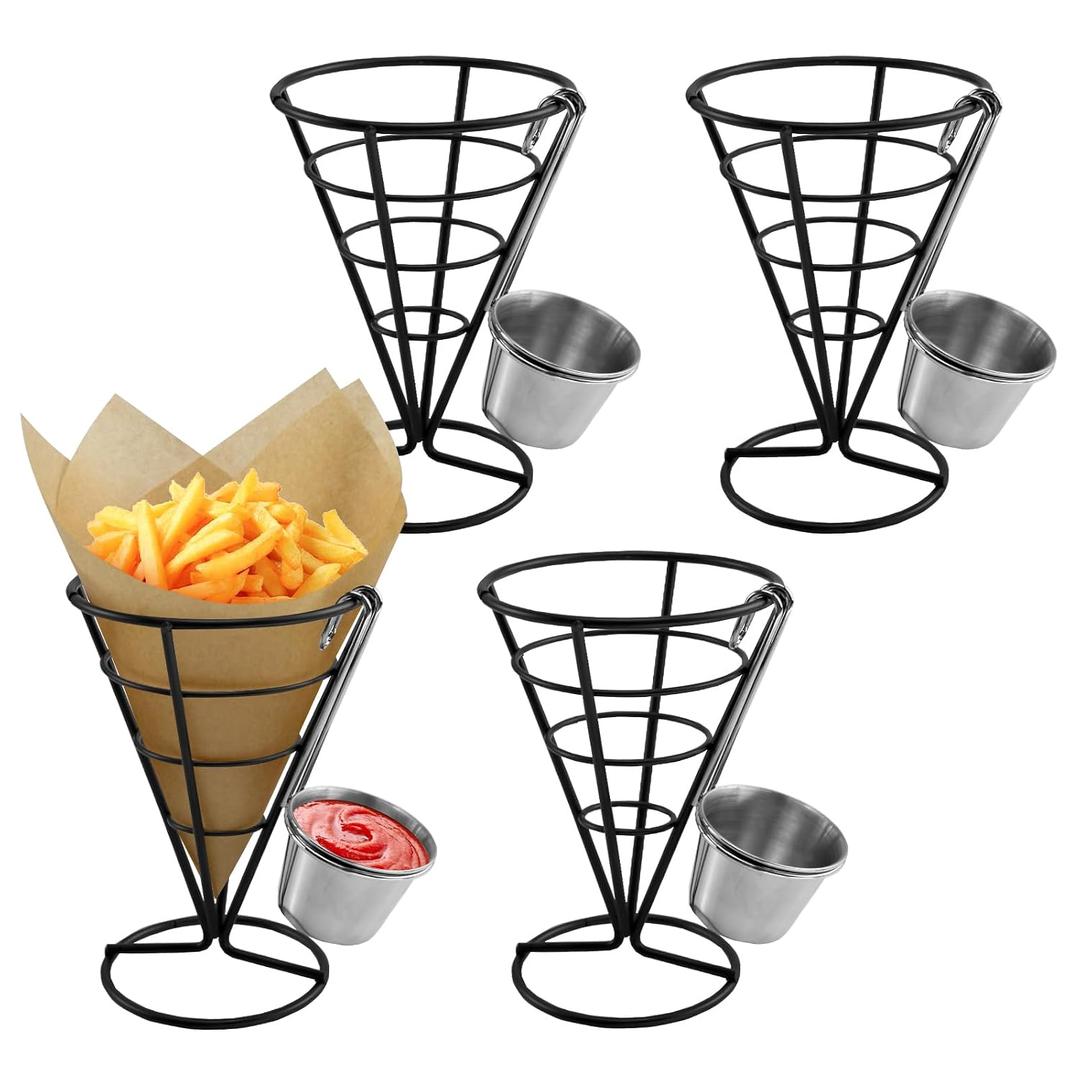 CNQLIS 4 Pack French Fry Holder, French Cone Fries Basket with Sauce Cup, Metal Wire French Fries Holder for Kitchen, Restaurant Buffet, Picnic Party, Buffet Dinner, Home PartiesBlack
