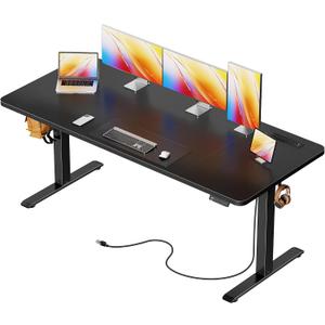Huuger 63 X 24 Inch Electric Standing Desk with Power Outlets and USB-C Port, Height Adjustable Desk, Sit Stand Desk for Home Office, Computer & Gaming Desk with 4 Presets, Stable Steel Frame, Black, 63 x 23.6 inch