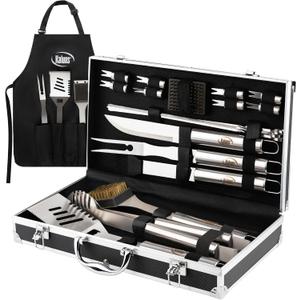 Kaluns Grilling Accessories, Dad Gifts for Fathers Day, Mothers Day Grilling Gifts, Heavy Duty Stainless Steel BBQ Tool Set for Outdoor Grill with Aluminum Case and Apron, Birthday Gifts for Men