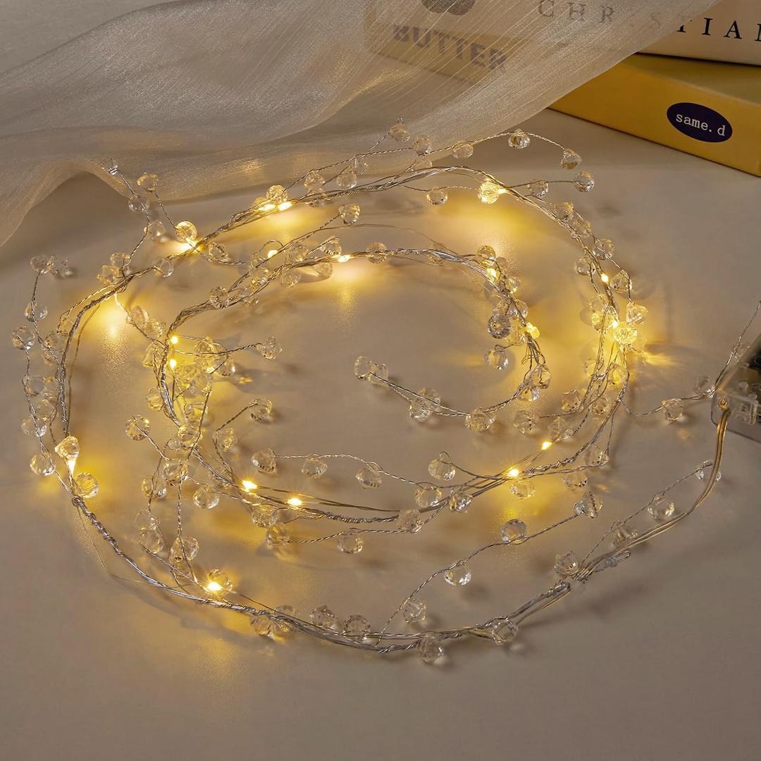 AdasBridal Diamond Beads String Fairy Lights Battery Operated - Clear Acrylic Crystal Bead Strand 20 Led String Lights 3.94 Ft for Christmas Tree Hanging Wedding Centerpiece Party Decorations, 2 Pack