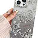 BITOBE Designed for iPhone 16 Pro Max, Cute 3D Butterfly Case Slim Plating Glitter Bling Luxury Cover for Women Girls Protective Camera Protection Bumper 6.9" Silver