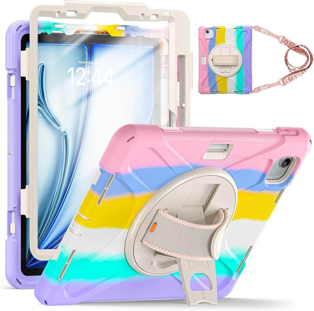 TSQQST Case for iPad Air 11 Inch M3 M2 2025 2024 for Kids Girls, iPad Air 7th/6th/5th/4th Generation 10.9" w/Screen Protector, Pencil Holder, Rotating Stand Hand Strap, Colorful Pink