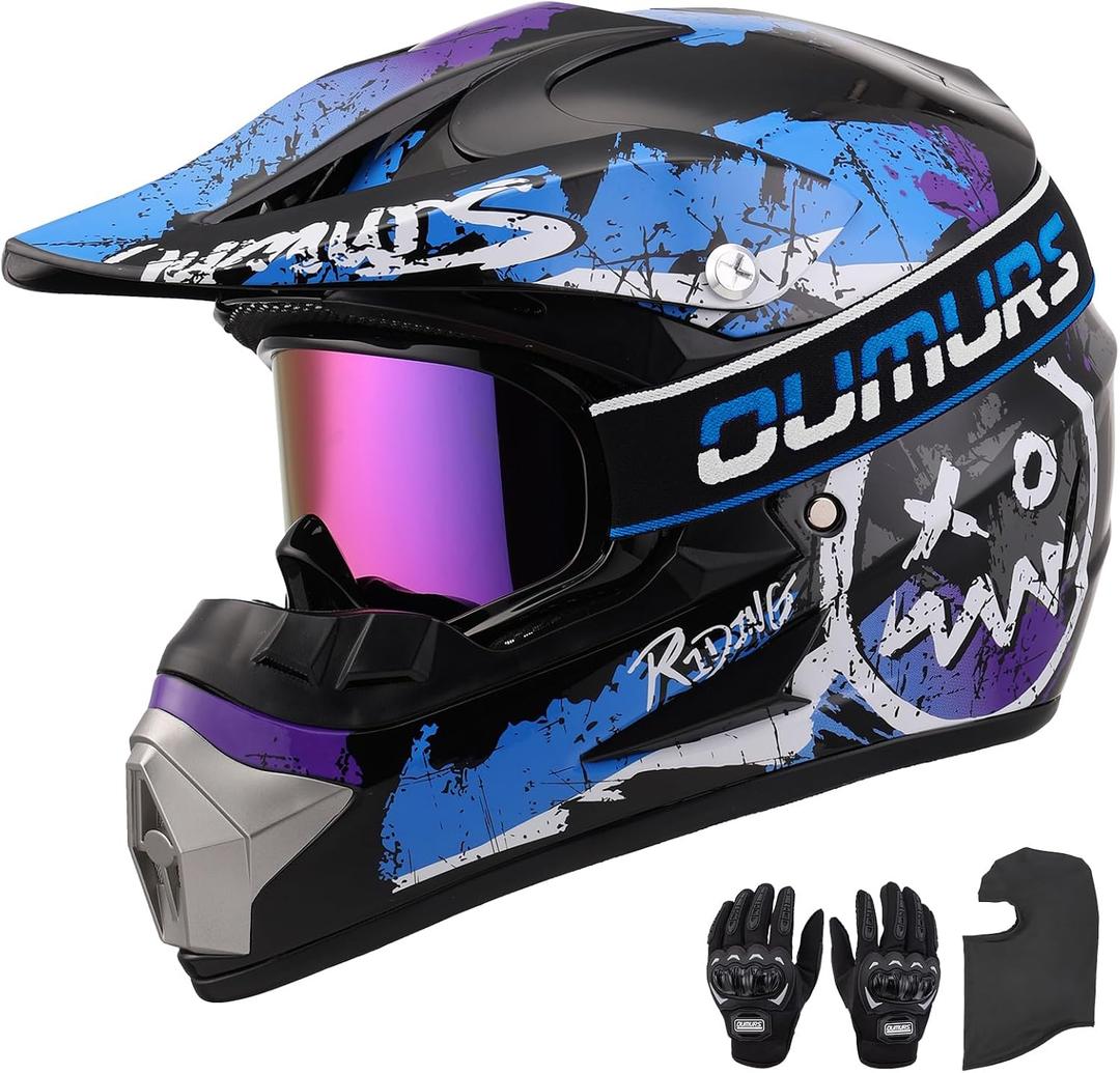 OUMURS DOT Adult ATV Dirt Bike Helmet with Goggles Gloves & Mask Adjustable Sun Visor Motorcycle Adult Helmet Off-Road Motocross Downhill Moped MX for Unisex-Adult OUMURS 125A-Blue, M 