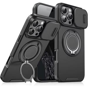 Heavy Duty Series Designed for iPhone 16 Pro Case,Rugged 360 Rotatable Ring with Invisible Holder Stand,Slide Camera Cover & Military Grade Drop Protection Shockproof,Black
