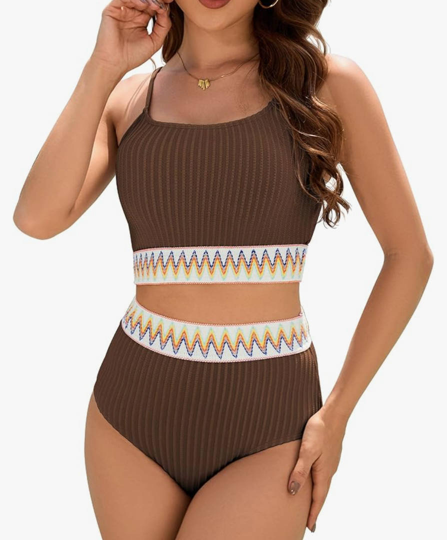 Zando High Waisted Bikini Sets for Women 2025 Ribbed 2 Piece Tummy Control Swimsuits Adjustable Color Block Bathing Suit Size L