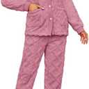 HEARTNICE Women Fuzzy Pajama Set Warm Fluffy Long Sleeve Sleepwear Plush Loungewear Thermal Nightwear with Pockets (Pink, S)
