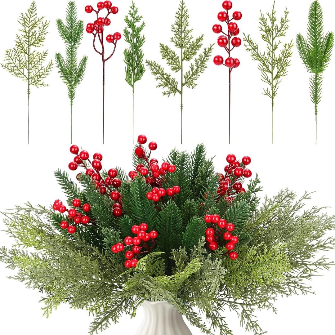 70 PCS Artificial Pine Branches with Berries, Christmas Greenery Fake Pine Needle Faux Red Berry Stems, Christmas Floral Picks for DIY Crafts Wreath Garland Home Dcor