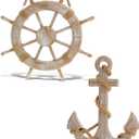 CoTa Global Baja Beach Wall Decor Anchor and Ship Wheel Set - Handmade and Crafted Wooden Anchor and Wheel with Ropes for Hanging, Nautical Themed Home Decor, Boat Steering Decorative Coastal Ornament