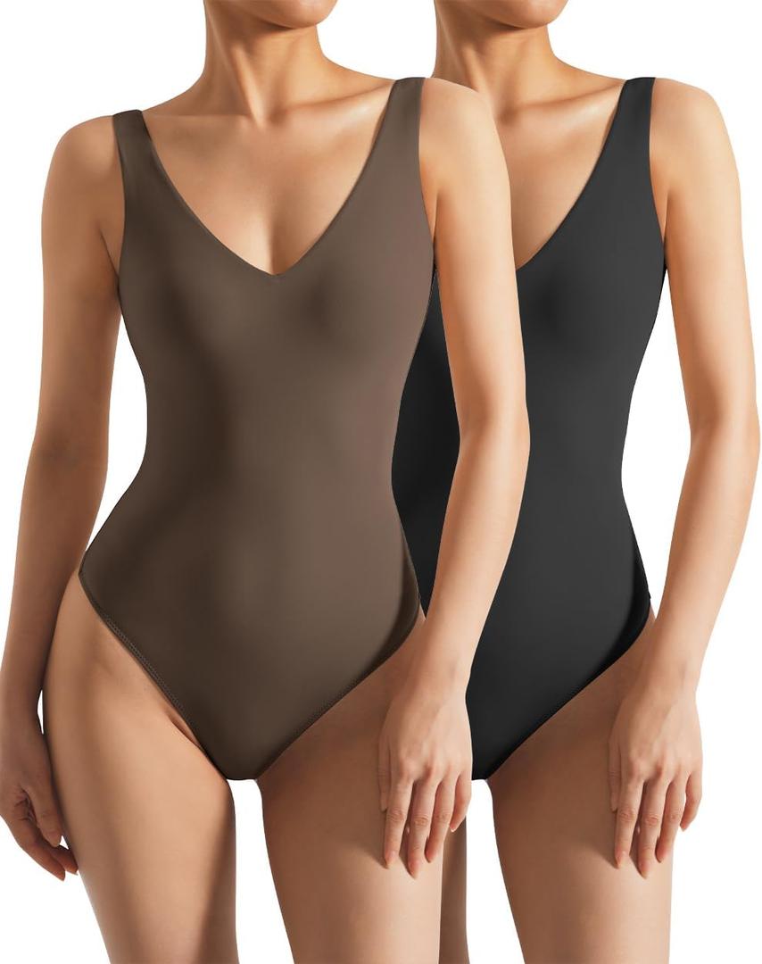 SUUKSESS Women 2 Piece Thong Bodysuit Sexy V Neck Backless Sleeveless Tank Tops (Medium, 01 Pack (Black & Brown))