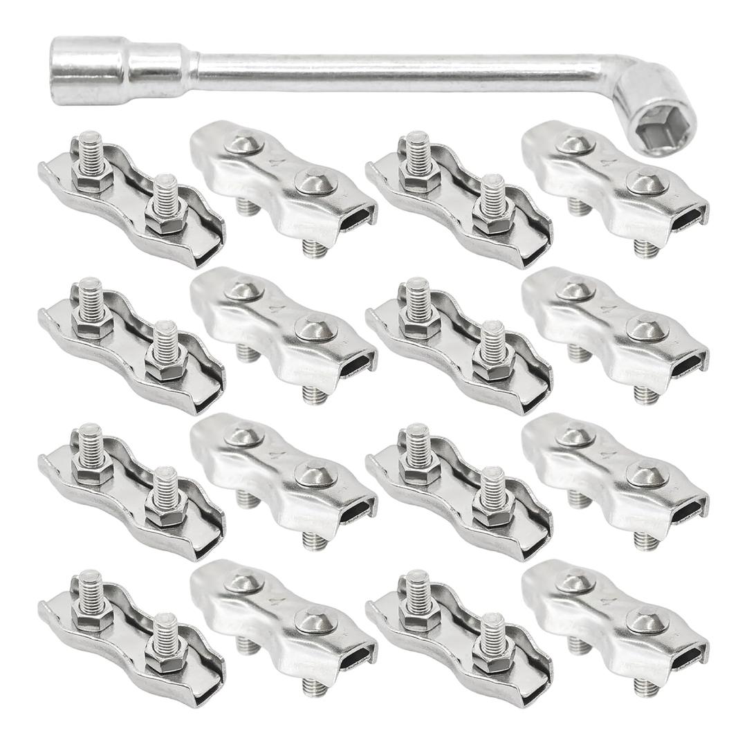 16PCS M4 304 Stainless Steel Duplex Wire Rope Clips, Double Bolt Cable Clamps for 1/6" Diameter Wire Cable, 2-Post Clamp with Lock Nuts for Rigging Applications
