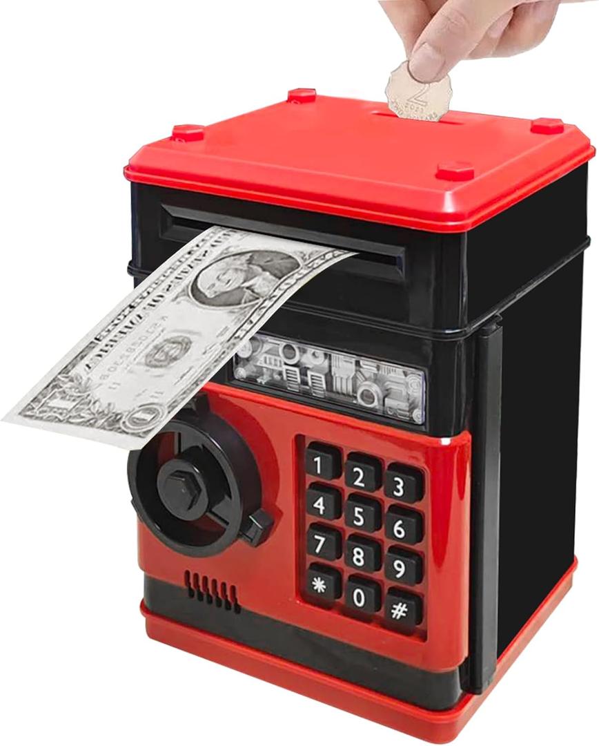 Piggy Bank Electronic Mini ATM for Kids Baby Toy, Safe Coin Banks Money Saving Box Password Code Lock for Children,Boys Girls Best Gift (Black Red), 13 inches x 10 inches x 15 inches