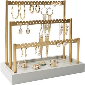 SANY DAYO HOME 3-Tier Earring Holder Organizer Stand, 105 Holes Gold Metal Earring Rack Jewelry Display Tree with Gray Wood Tray for Women and Girls