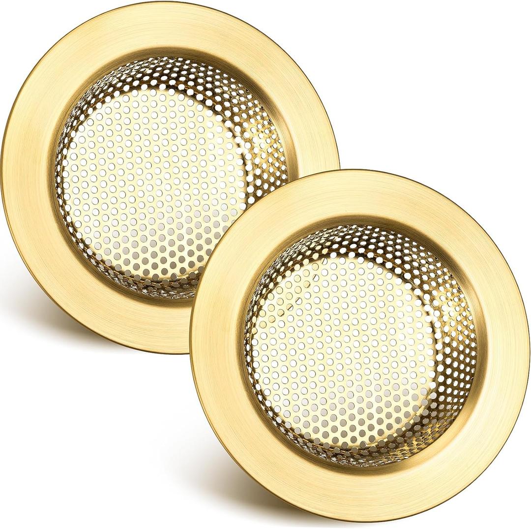 2 Pcs Sink Strainer Stainless Steel Kitchen Sink Drain Strainer Basket Cover Mesh Hair Food Catcher, Large Wide Rim of 4.4 Diameter(Brushed Gold)