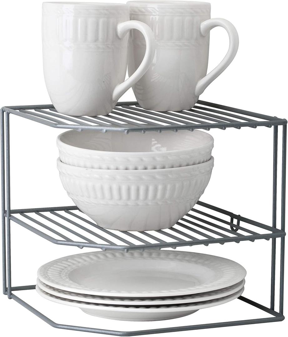Kitchen Details Corner Shelf Organizer | Cabinet & Countertop Storage | Plates | Cups | Bowls | Grey