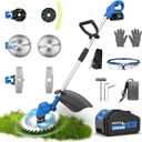 AZZUNO 21V 12-inch Brushless Weed Wacker Cordless Grass Eater Electric Lawn String Trimmer, Lightweight Brush Cutter 4.0Ah Battery Powered with Charger and Blades for Garden Yard (Blue)