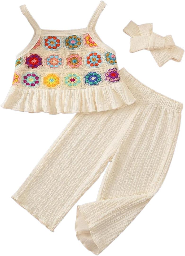 Toddler Baby Girl Summer Clothes Outfits Crocheted Ruffle Camisole Pants Kids Clothing Set, Size 2-3Y (Beige)