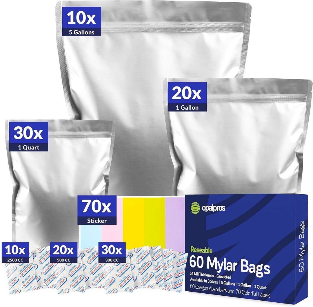 60-Pack 14 Mil Mylar Bags with Oxygen Absorbers, Gusseted 5 Gallon(10), 1 Gallon(20) & 1 Quart(30) Bags with 2500cc, 500cc & 300cc OA - Resealable Mylar Bags for Food Storage with Colourful labels