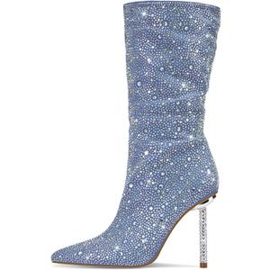 YIYA Women's Denim Rhinestone Mid Calf Boots Pointed Toe Stiletto High Heels Boots,10 US
