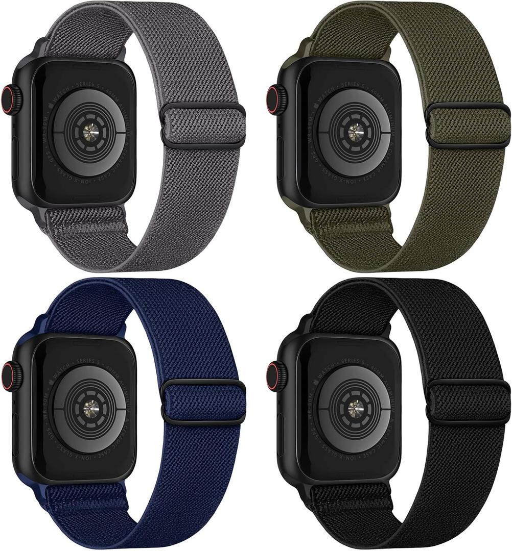 4 Pack Stretchy Solo Loop Compatible with Apple Watch Bands Women Men, Sport Nylon Elastic Straps Wristbands for iWatch Series Ultra/SE 3 2 (Black/Grey/ArmyGreen/MidnightBlue) 42mm(Series 3)/44mm/45mm/46mm/49mm