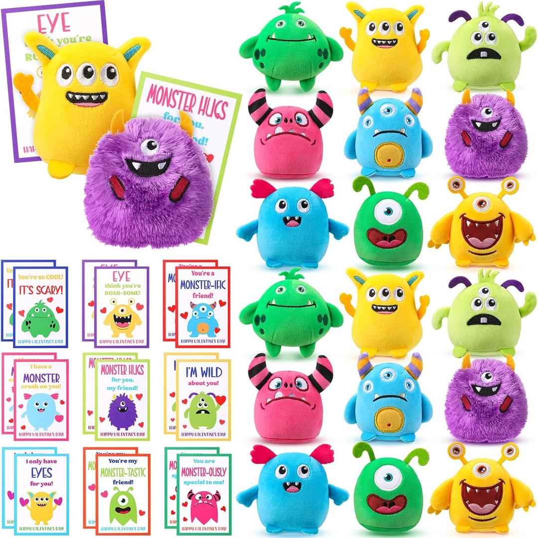 HyDren Set of 18 Kids Valentine Monster Gifts Confession Card with 3.15 Inch Monster Stuffed Animal Plush Mini Keychain for School Classroom Prize Exchange Party Favors Goodie Bag Fillers