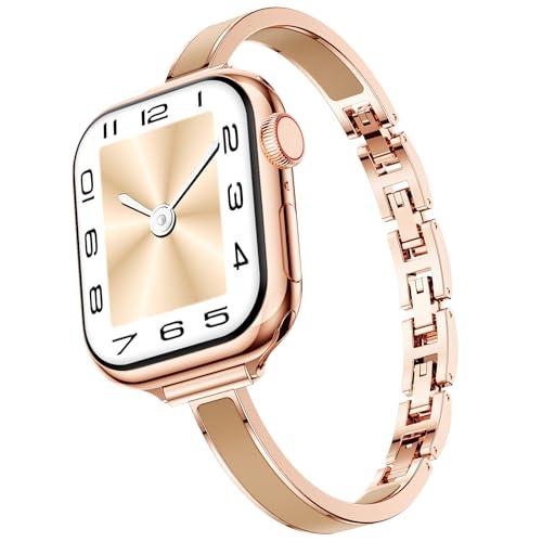 Mosonio Slim Bracelet Bands for Apple Watch Women, Elegant Thin Metal Band with Embedded Silicone Accents for iWatch, Easy-Adjust Link Strap Compatible with Apple Watch Ultra (49mm) & Series 11/10 (46mm), Series 9/8/7 (45mm), Series 6/5/4/SE (44mm),