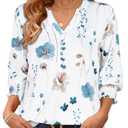 Blouses for Womens 3/4 Length Sleeve Casual Tops Loose V Neck T Shirt with Smocked Cuffs 2026 (White Blue Floral, S) (White, S)