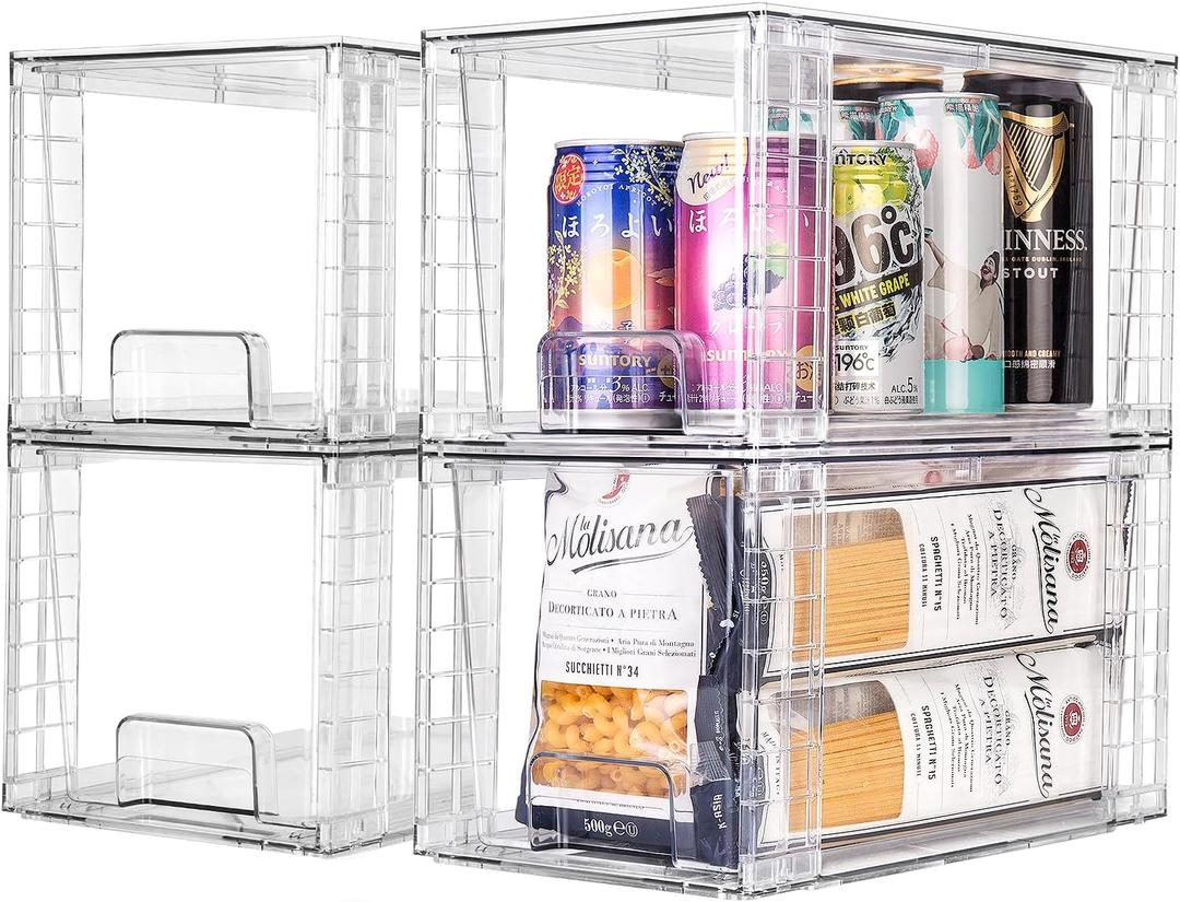 4Pack Large Stackable Kitchen Storage Drawers, Clear Foods Organizer Bins with Handles, Easily Assemble for Bathroom, Kitchen, Pantry, Cabinet, Closet (XL-Down Handle)