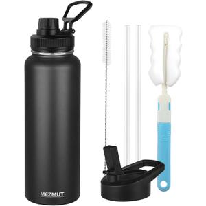MEZMUT Insulated Water Bottle with Straw&2 Lids 40oz Stainless Steel Water Bottles Sports Metal Water Bottle Double Walled Vacuum Insulated Bottles Thermos Leak-Proof Travel Thermal (Black)