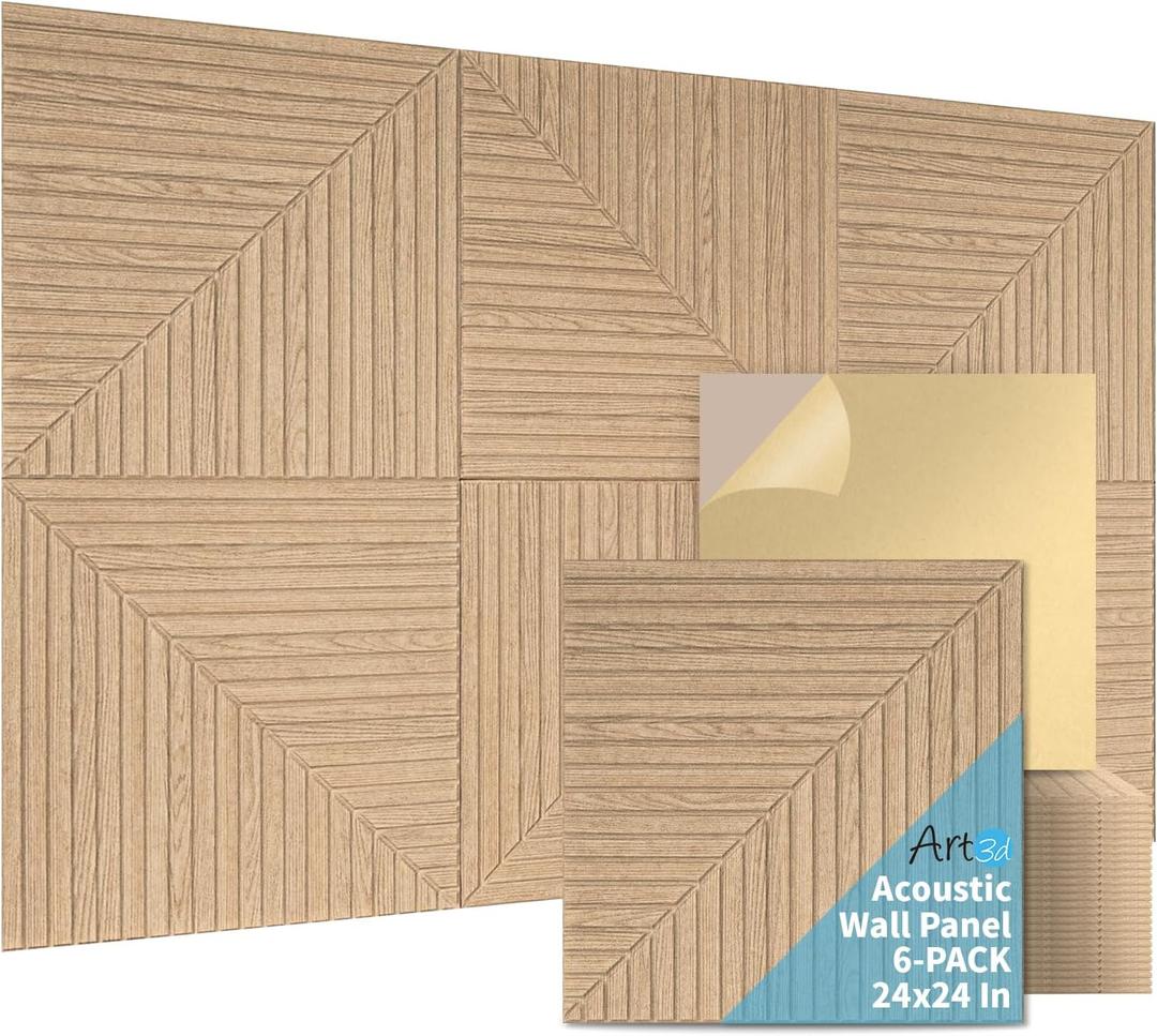 Art3d 6-Pack Self-Adhesive Acoustic Wall Panels for Home Dcor, 24 x 24 Inch Soundproofing Panels for Office Studio Bedroom - High Noise Absorption Polyester Fiber, Wood Grain Airbrush