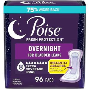 Poise Overnight Incontinence & Postpartum Pads for Bladder Leaks, 8 Drop Extra Coverage, 2 Pack of 96 Count