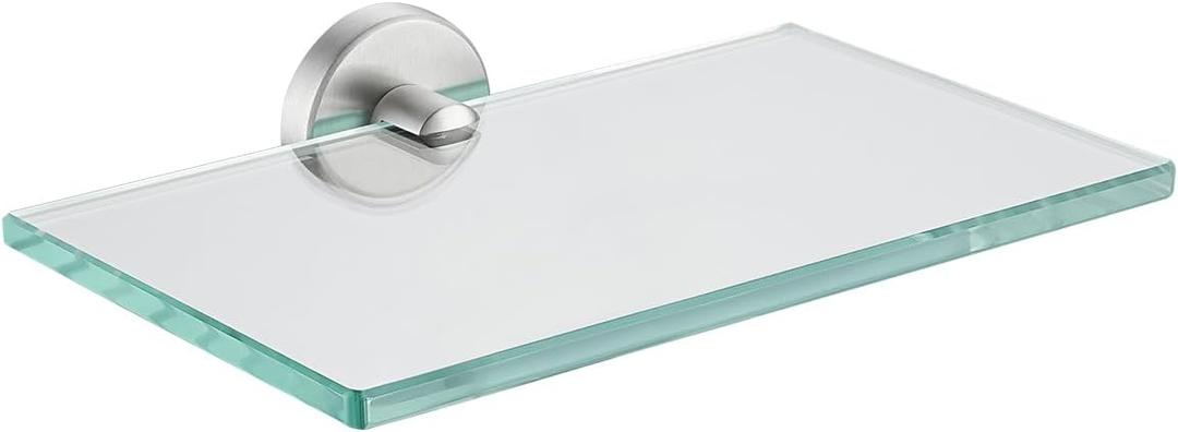 JQK Bathroom Glass Shelf, Tempered Glass Shower Storage 8 by 5 inches, 304 Stainless Steel Brushed Finish Wall Mount, TGS101L8-BN