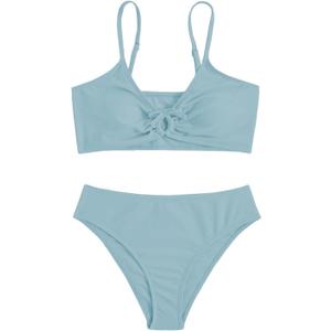 OYOANGLE Girl's 2 Piece Solid Bikini Set Sport Swimsuit Ruched Tie Front Bathing Suit Swimwear (Light Blue)