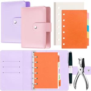 Henoyso 2 Pcs 3" x 5" Index Card Binder with Dividers A7 Refillable 6 Ring Money Saving Binder Leather Budget with 10 Card Guides 160 Index Cards and Hole Punch for Business Office Home