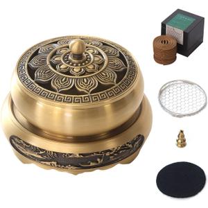 Brass Incense Burner Bowl, Lotus Shape, with Stick Holder & Incense net &Fire Cotton Incense Holder Cone Coil Incense Burner Ash Catcher with Lid for Indoor Office Dcor, Handicraft Gifts,Censer