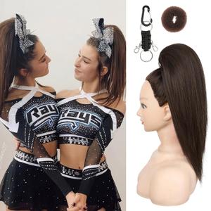 SEIKEA Cheer Ponytail Hair Piece, 16" Straight Cheerleader Hairpiece Ponytail Extension for Cheerleader Competition, Dance, Black Brown with Dark Brown Highlights