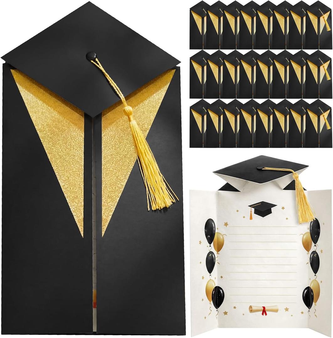 Gersoniel 24 Pcs 3D Graduation Card Bulk Set with Grad Cap Tassel 14.5 x 11 Inches Folding Congrats Cards - Congratulations Gift Card for High School College Nursing Kindergarten Graduates(Red Gold)