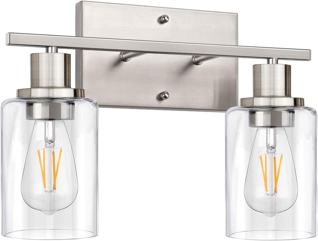 ShineTech 2-Light Bathroom Light Fixtures, Modern Vanity Lights with Clear Glass Shade, Brushed Nickel Bathroom Vanity Light Over Mirror, Living Room