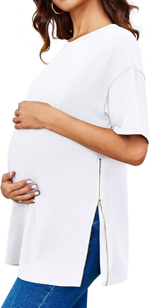 Women's Maternity Shirts Short Sleeve Sweatshirt Zipper Split Side Pregnancy Casual Tunic Top (XX-Large, White)