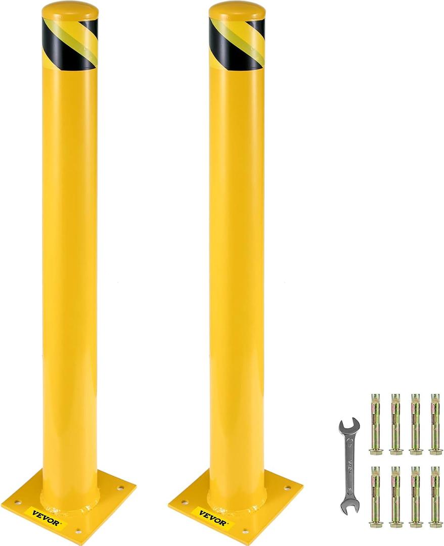 VEVOR Safety Bollard, 48 Inch Height Bollard Post, 5.5 Inch Diameter Steel Pipe Safety Bollard Post, Yellow Steel Bollard, Steel Safety Bollard with 8 Anchor Bolts, Perfect for Traffic-Sensitive Area, 48hx5.5''d