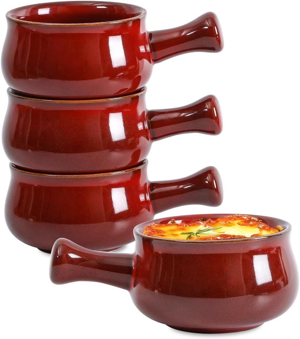 vicrays French Onion Soup Bowls With Handles, 26 Ounce for Soup, Chili, Beef Stew, Chip Resistant, Dishwasher Microwave Safe, Set of 4 (Cherry Red)