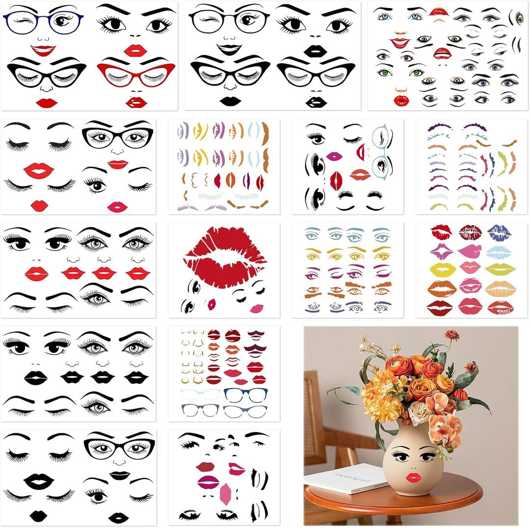 Make a Face Stickers, 15Pcs Face Stickers for Crafts, Funny Facial Features Set with Lips, Eyes, Eyebrows, Nose & Glasses, DIY Decals for Flower Pots, Party Supplies, Holiday & Halloween Decorations