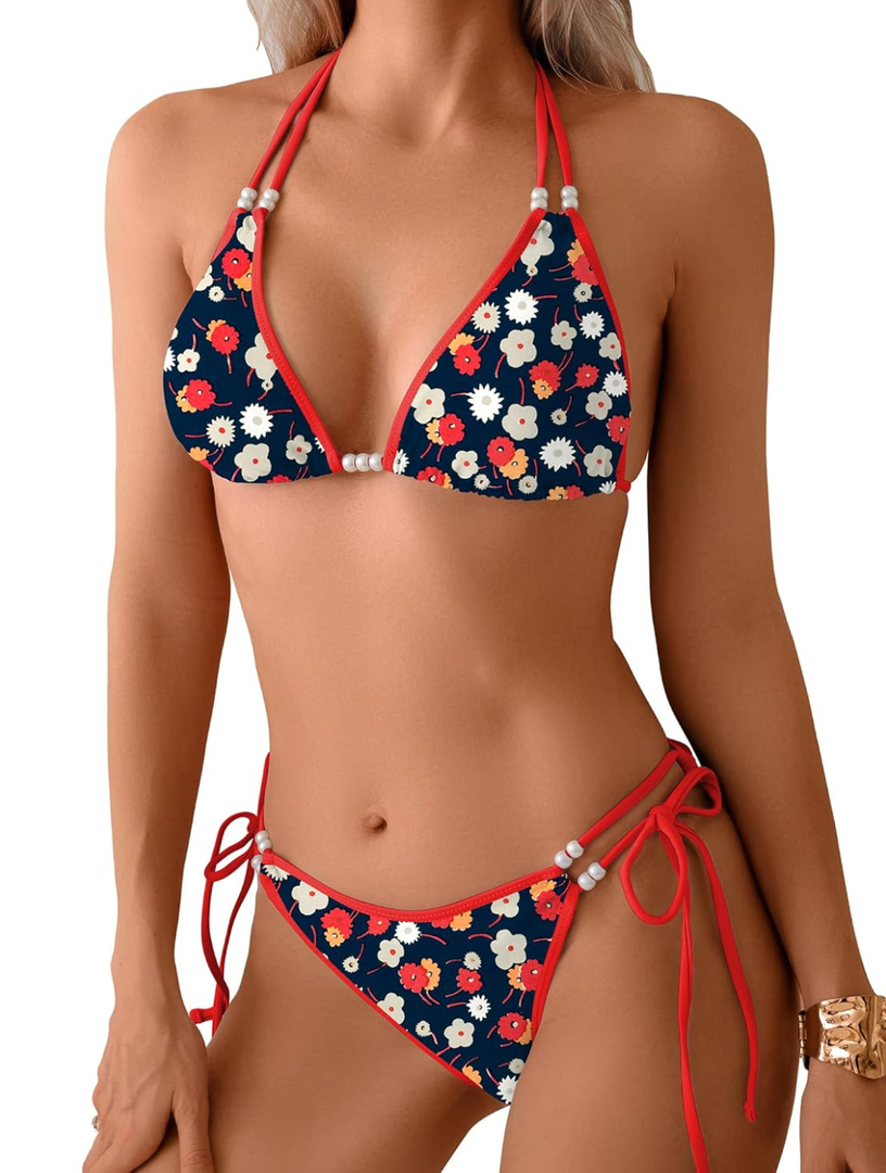 TASHEHE Women's Triangle String Bikini Set Sexy Tie Side Two Piece Swimsuit Cute Halter Bathing Suit, Medium