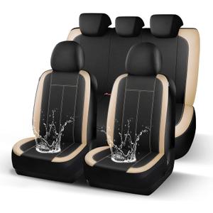 Waterproof Car seat Covers Full Set, Premium Neoprene Lining Seat Covers, Airbag Compatibable,Universal Automotive Comfort Protection for Most Cars,Trucks,SUVs(Black Beige 816)