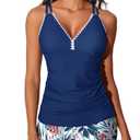 Summer Mae V-Neck Women Tankini Swimsuits Two-Piece with Side Pockets Swim Shorts 2025 Tie-Back Straps Bathing Suits Red Leaf Clash Size 14