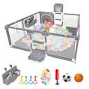 Playpen for Babies and Toddlers,73"x71"Baby Playpen with Mat IndoorOutdoor with Breathable Play Pen with Ocean Balls Hanging Pocket Basketball Hoop and Football Goal (Grey, 73"x71")