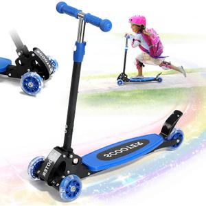 Kick Scooter for Kids 3-7 Age - Three Wheel Light Up Scooters, Lean to Steer,Foldable,Stable Dual Rear Wheels, Adjustable Height, for 3-5,5-7 Year Old Girls Boys Up to 120 Lbs (Blue)
