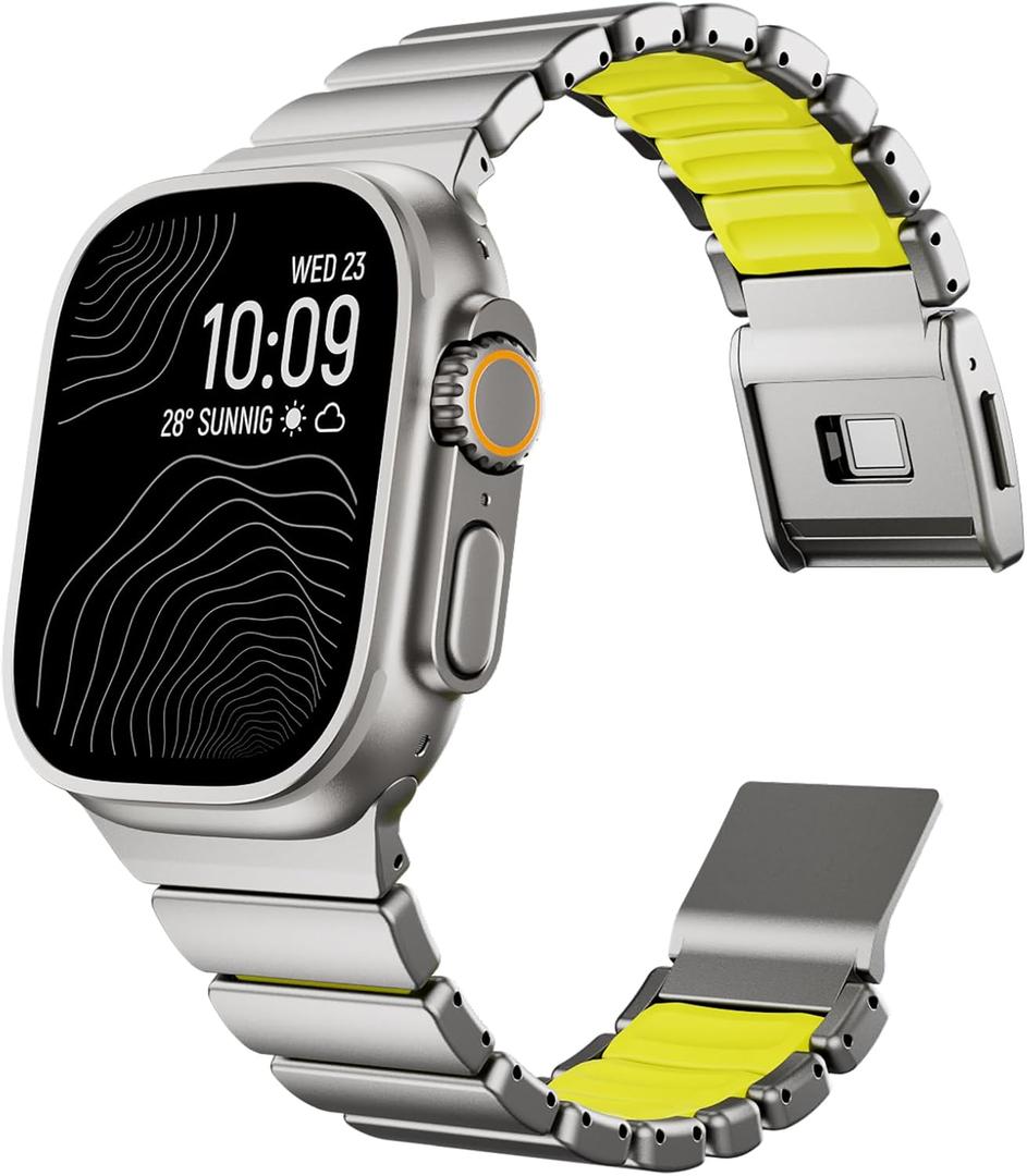 Magnetic Titanium Band Compatible with Apple Watch Ultra 3/2/1 Band 49mm Series 11 10 46mm 45mm 44mm 42mm SE 3/2/1 9 8 7 6 5 4,Luxury Silicone Dual-Layer Link For iwatch Men Women (Titanium-Neo Green)
