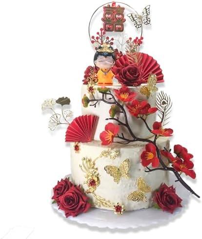 Chinese Queen Cake Topper, Red Series Festive Cake Decoration, Luxurious Golden Butterfly, Flower, Acrylic Cake Decoration, Wedding Decoration, Multi-Element Combination Set